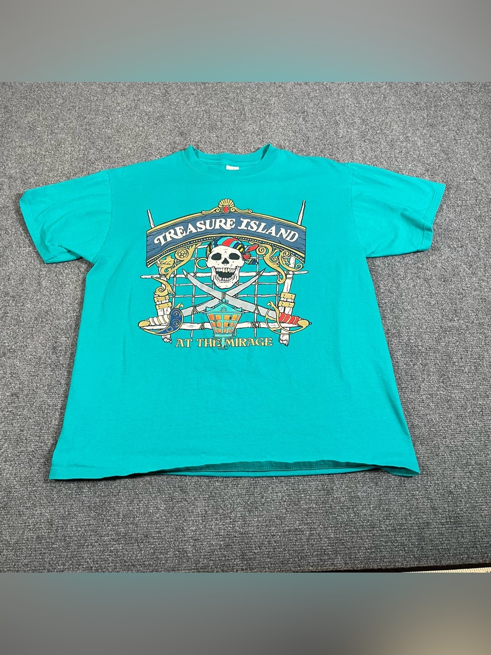 Vtg 90s Treasure Island Casino Las Vegas Pirates Skull Graphic Tee L Green USA